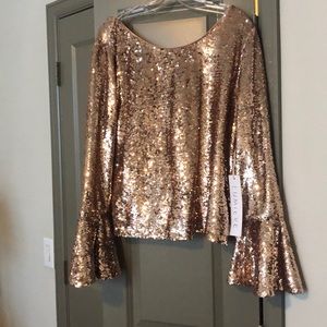 NWT Gold Sequin Bell Sleeve Top w/ Back Bow Detail